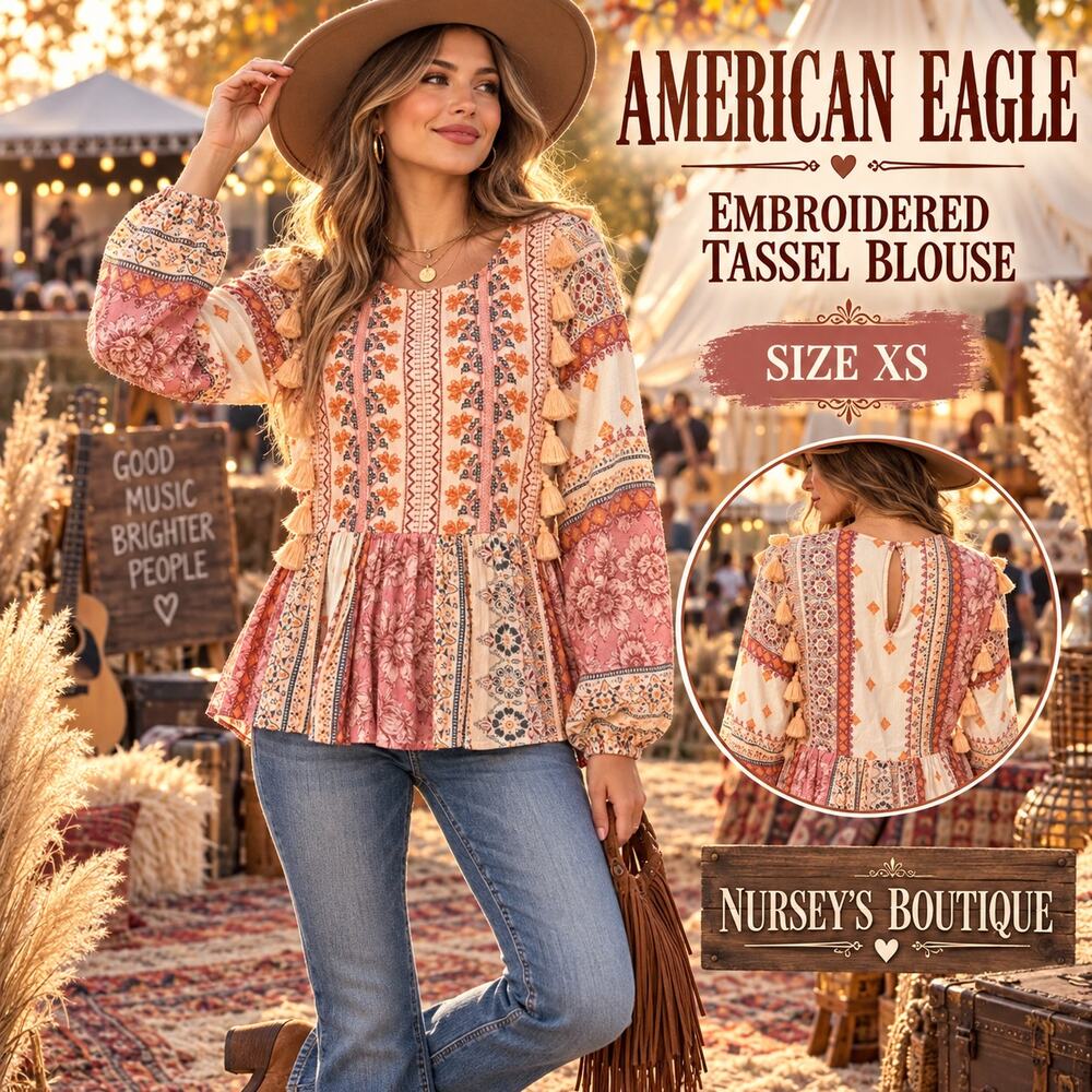 American Eagle Boho Embroidered Tassel Peplum Blouse Patchwork XS